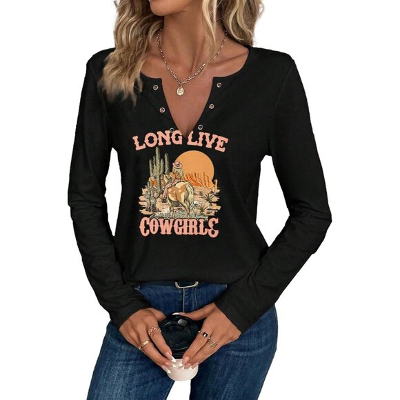 Women's Black 1 Cowgirl Western Graphic Tee Notched Neck Long Sleeve Shirt Top